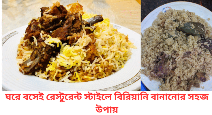"ঘরে বানানো রেস্টুরেন্ট স্টাইল চিকেন বিরিয়ানি" "বিরিয়ানির জন্য মুরগির মেরিনেড" "চিকেন বিরিয়ানি দম দেওয়ার প্রক্রিয়া" "সুন্দরভাবে সাজানো রেস্টুরেন্ট স্টাইল বিরিয়ানি প্লেট"